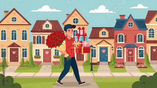 Man carrying a bouquet of roses and gift boxes, walking down a street with houses, ready for delivery