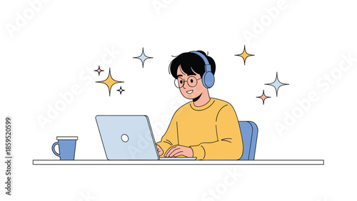 A happy young man wearing glasses and headphones works or studies on his laptop, surrounded by sparkles that symbolize focus and creativity.