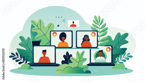 Eco friendly remote work concept with people on laptops surrounded by green leaves and plants in a flat illustration style