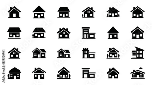 Collection of various house and building icons in black silhouette