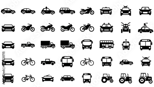 Collection of various vehicle icons including cars, trucks, and bicycles
