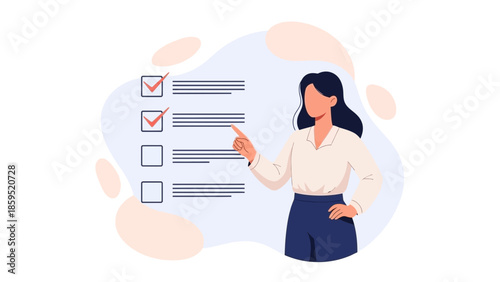 illustration of a woman checking off items on a to-do list with a focus on productivity and