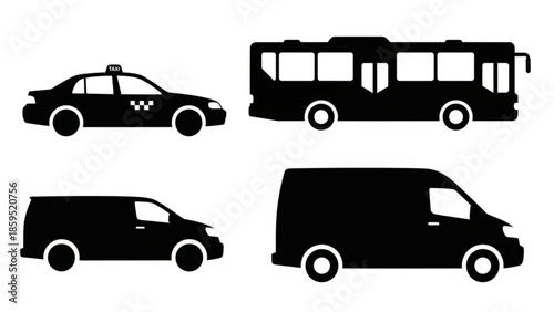 Silhouettes of various vehicles including a taxi, bus, and vans