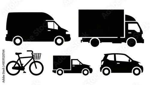 Black silhouettes of various vehicles and a bicycle