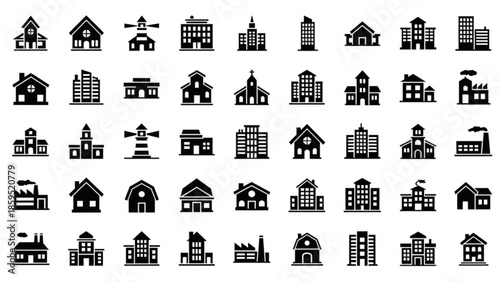Collection of various building and house icons in black silhouette
