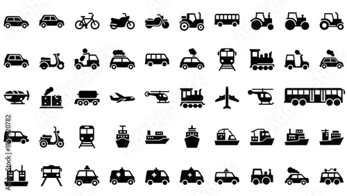 Collection of various vehicle icons in black silhouette