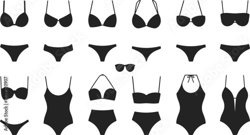 Collection of black silhouette swimwear and sunglasses icons on white background Keywords: swimwear, bikini, swimsuit, one-piece
