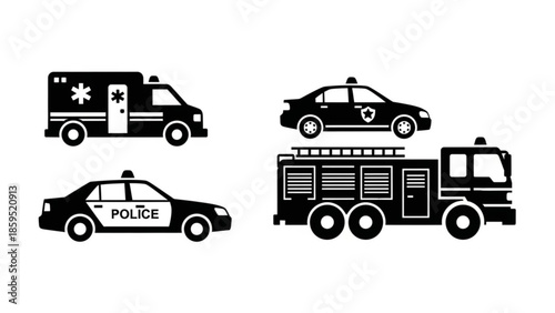 Emergency vehicles including ambulance police car and fire truck icons
