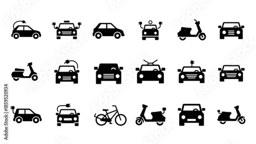 Black silhouettes of various vehicles on including cars and scooters
