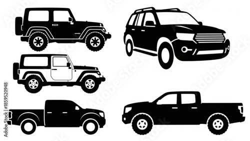 Black silhouettes of various pickup trucks and suvs
