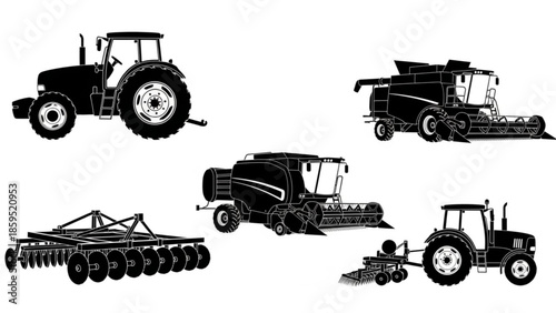 Black silhouettes of various tractors and agricultural equipment