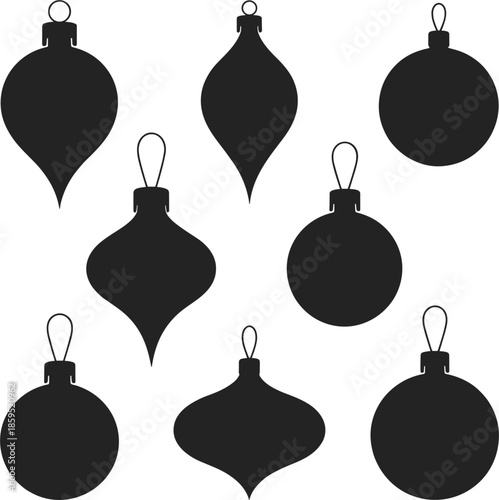 Collection of Black Silhouettes of Christmas Ornaments on White decorations baubles