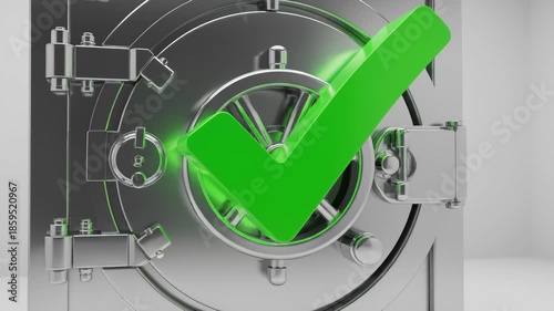Vault Safe Door Rotating With a Green Check Mark Confirmation Symbol