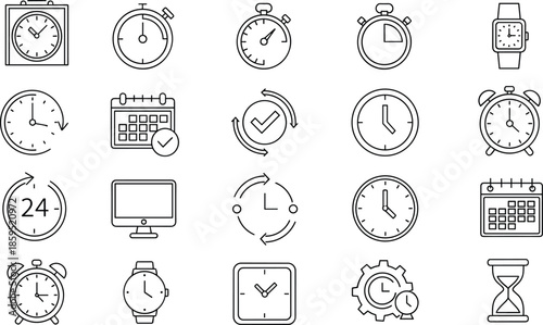 Minimal line icons set of clocks, calendars, hourglasses, stopwatches, wristwatches, alarms, time management, scheduling, punctuality, synchronization, deadlines vector illustration