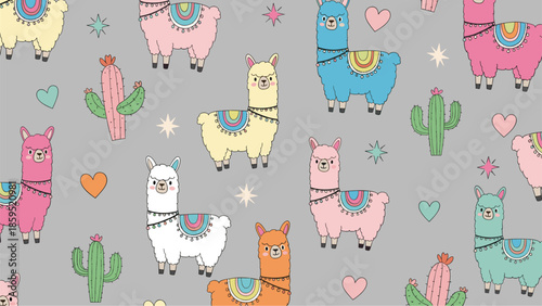 A fun and colorful seamless pattern with cute, hand-drawn llamas and cacti in various bright colors on a simple gray background for kids.