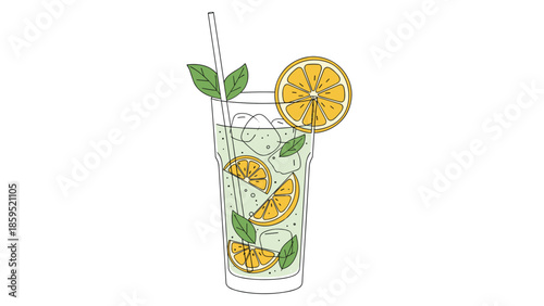 A refreshing glass of mojito or lemonade with ice cubes, mint leaves, and orange slices, illustrated in a trendy, stitched-outline doodle style.