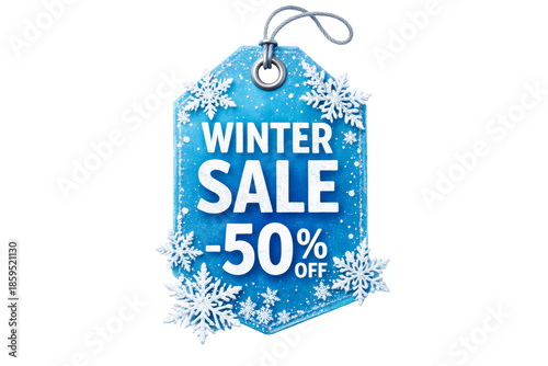 A blue winter sale tag with snowflakes and glitter advertising a fifty percent discount, perfect for holiday promotions, seasonal marketing, or retail store signage.