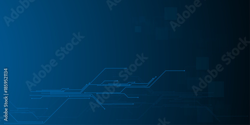 Glowing light blue neon AI chip with thin circuit contact lines. Technology lines circuit and dots on blue background, circuit board network connection.