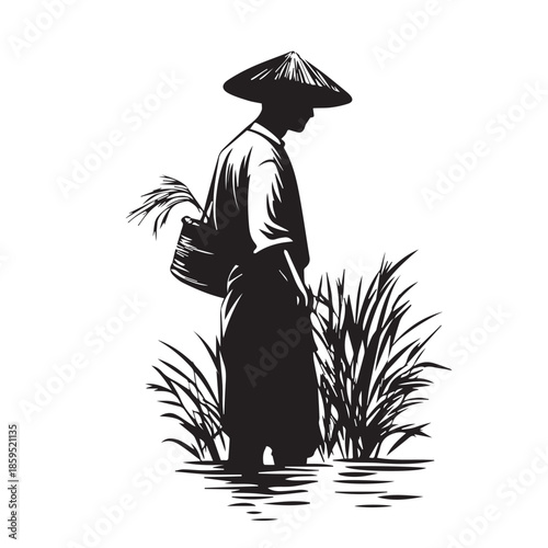 silhouette of a farmer in a rice field