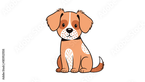 An adorable cartoon puppy dog with floppy ears and cute spots, sitting patiently and looking forward with a friendly expression on its face.