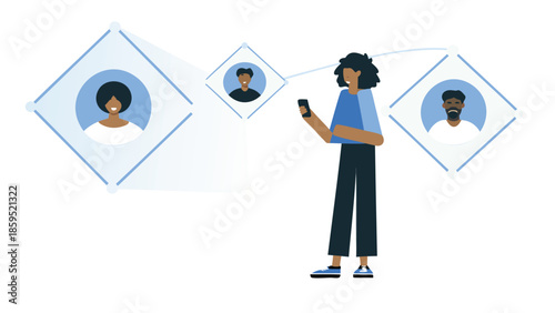 Flat illustration of a person engaging with a mobile device and connected to social media profiles