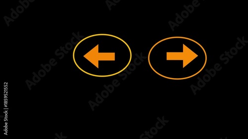 directional arrow icon animation. Cyan and yollow color arrow direction to left and right. Road sign information traffic signal arrow with circle moving on black background.