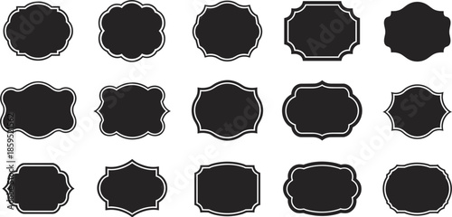 Fifteen Black Decorative Frames and Labels with White Outline on White Background border ornate