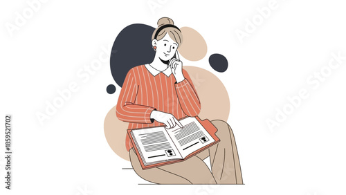Illustration of a young woman reading a magazine while sitting comfortably with a thoughtful