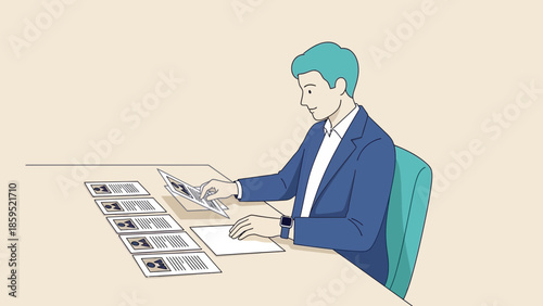 illustration of a professional man reviewing documents and photographs at a desk in an office