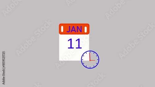11 january Daily Calendar month date calendar icon clock animation icon animation on transparent background. Calendar with the date on a white background.