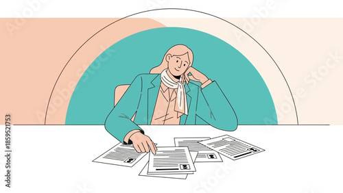 Professional woman working at desk with printed documents and thoughtful expression in modern