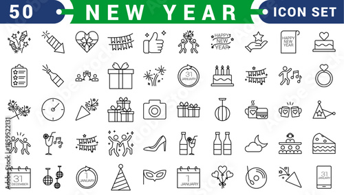 New year icon set. Containing fireworks, celebration, party, dance, resolutions, countdown, January 1st, wishes and more. Vector solid icons collection