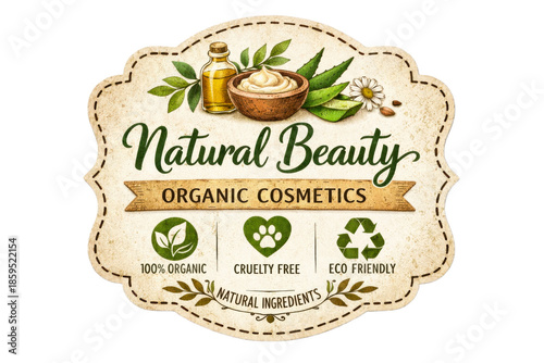 Natural Beauty organic cosmetics emblem featuring essential oil, aloe vera, daisy flower, and various eco friendly certifications perfect for product packaging and wellness marketing