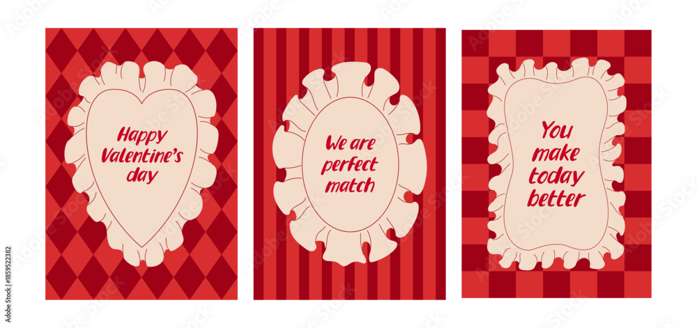 Naklejka premium Set of valentine's day greeting cards with romantic quotes and ruffled frames on checkered and striped backgrounds. Vector flat illustration in coquette vintage style