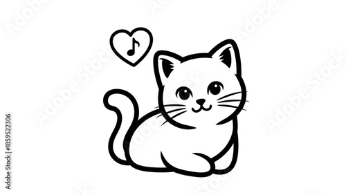 Adorable Cartoon Cat with Musical Note in Heart Above Head, Music Lover Pet, isolated white background.