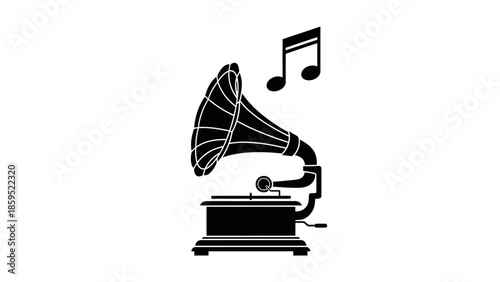 Silhouette Vintage Phonograph Gramophone Playing Music with Note, isolated white background.