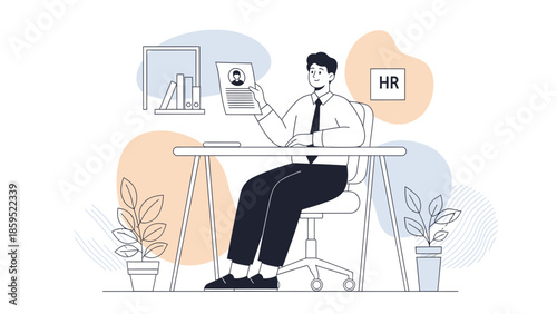 Modern office workspace illustration depicting a professional man reviewing HR documents at his desk