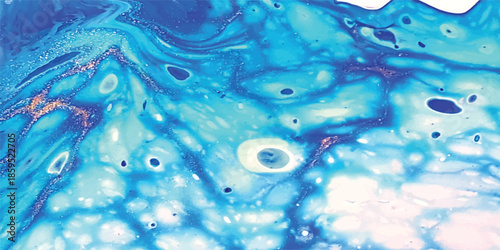 Abstract blue liquid texture featuring clear bubbles and fresh water ripples on a transparent wave surface