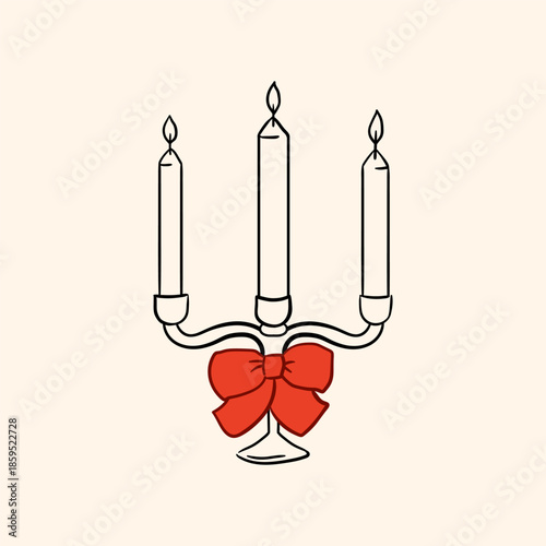 Elegant hand drawn candelabra with red bow on isolated background. Vector line illustration in vintage style