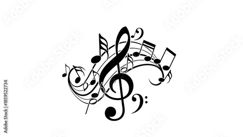 Dynamic Swirl of Musical Notes and Clefs isolated white background