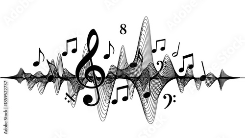 Dynamic Musical Notes and Treble Clef with Sound Waves Waving on Isolated White Background