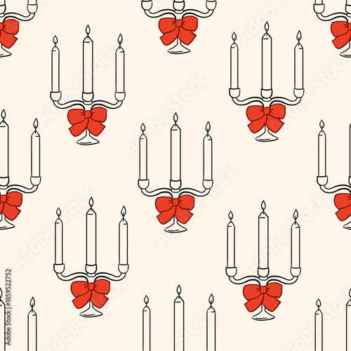 Seamless pattern with hand drawn candelabras and red bow. Vector background with elegant candles