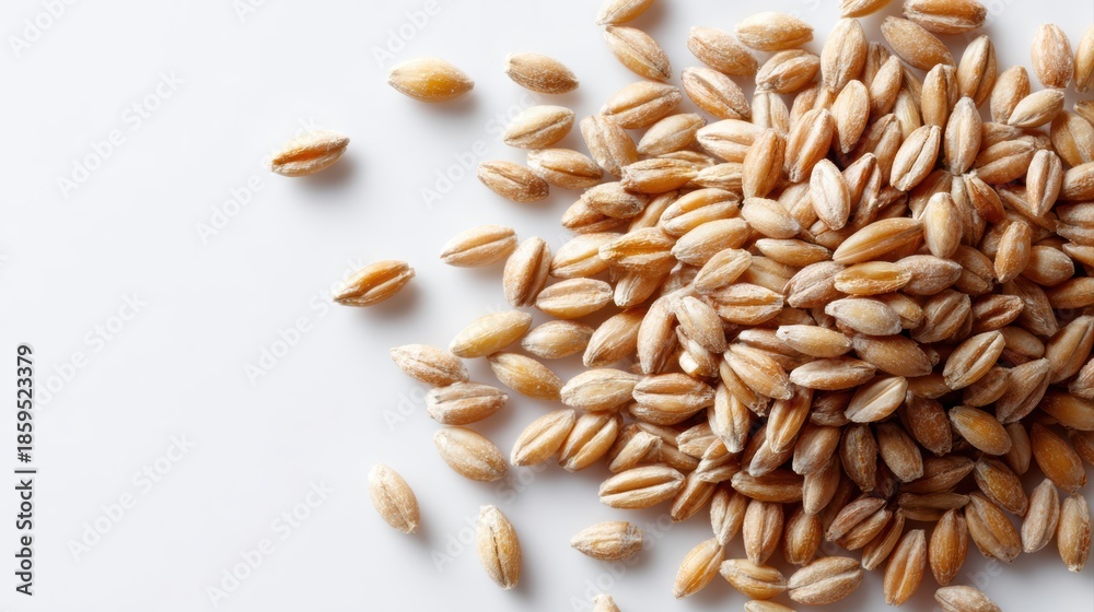 Obraz premium organic wheat and barley grains heap, healthy dry cereal seeds, top view on clean white background, food photography