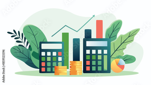 Flat illustration of responsible budgeting concept with calculators, coins, and growing graph