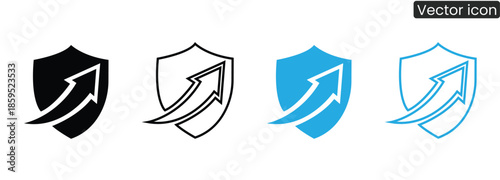 Four shield icons with upward arrows in different colors for business and tech use