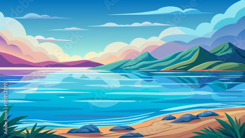 Calm sea landscape vector with gentle waves and clear horizon, minimal flat ocean illustration
