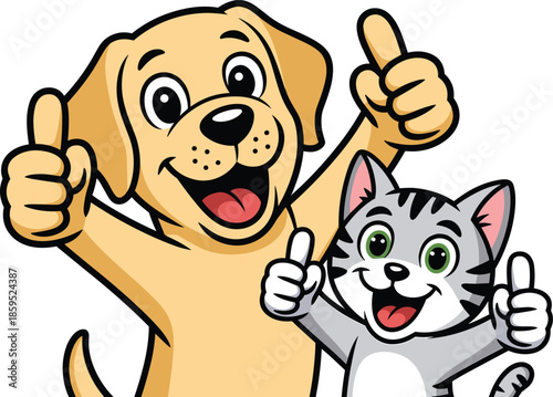 Cheerful cartoon golden labrador dog and grey tabby cat mascots giving multiple thumbs up for pet care veterinary clinic and animal shelter branding vector