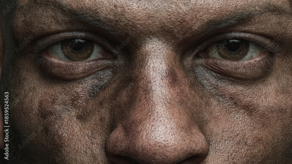 Fototapeta premium Male face closeup tired eye textured skin facial detail dramatic portrait rough complexion emotional expression grunge style macro view realism