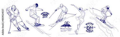 Minimalist winter sports line art illustration set with skiers, snowboarder, hockey player and figure skaters in motion, elegant continuous outline style for winter games, sports  posters
