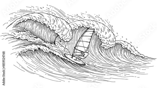 Dynamic windsurfing adventure on massive ocean waves in black and white art